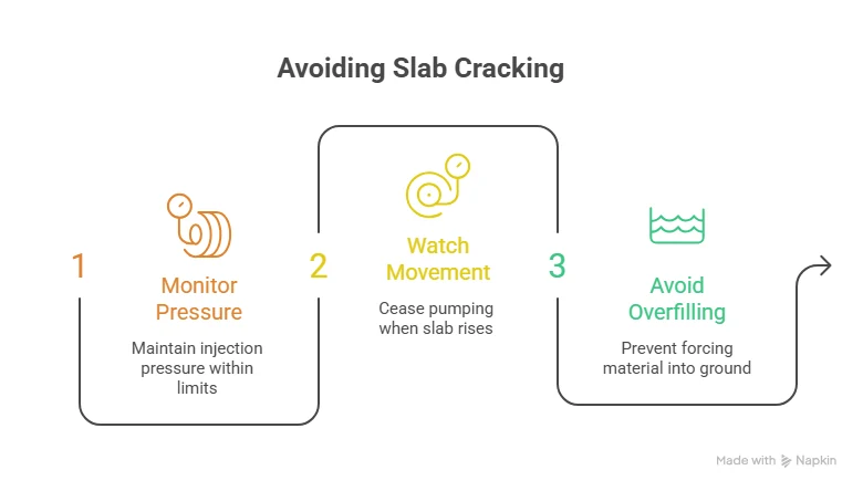 Three rules for avoiding slab cracking during a lift: keep injection pressure within limits, stop pumping when the slab rises, and avoid forcing material into unsupported ground