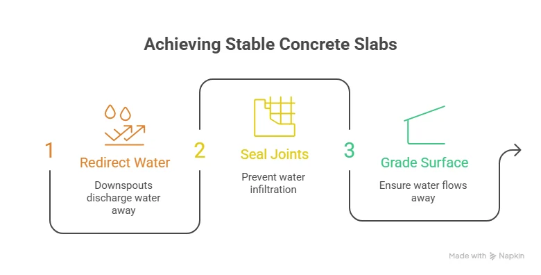 Three drainage steps that make a concrete lift last: discharge downspout water away from the slab, seal open joints, and grade the surface so water flows away