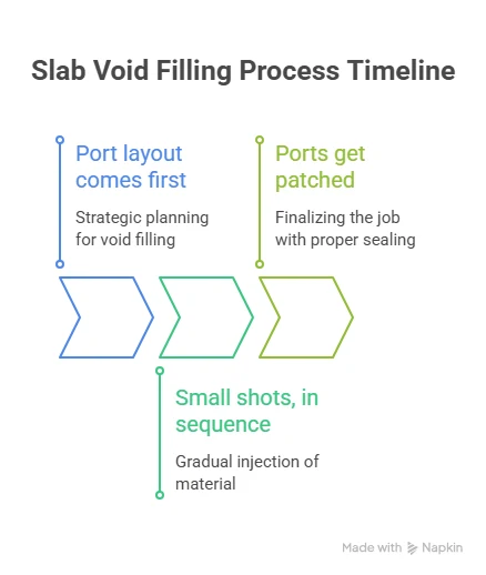 Sequence of a foam injection lift: port layout planned first, then small shots injected in sequence, then the ports patched and sealed