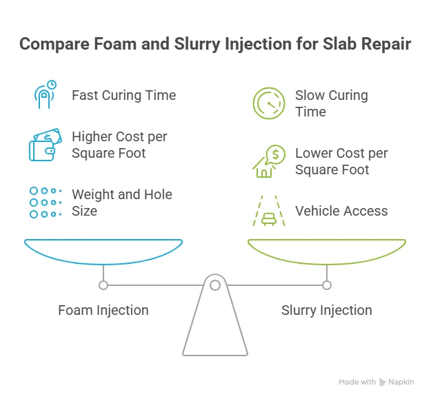 Comparison of polyurethane foam and cement slurry injection showing curing time, cost per square foot, weight and hole size, and vehicle access