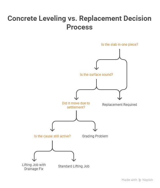 Decision flowchart for concrete leveling versus replacement, starting with whether the slab is in one piece and ending in a lifting job or replacement