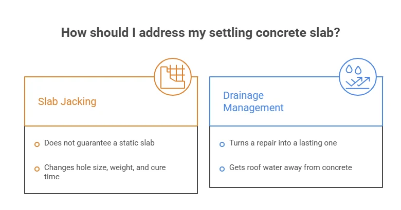 Slab jacking does not guarantee a static slab and changes hole size, weight and cure time, while drainage work moves roof water away from the concrete