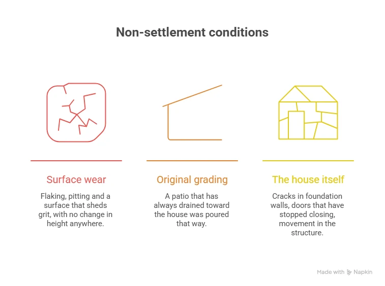 Three conditions mistaken for concrete settlement: surface wear, original grading and structural movement in the house
