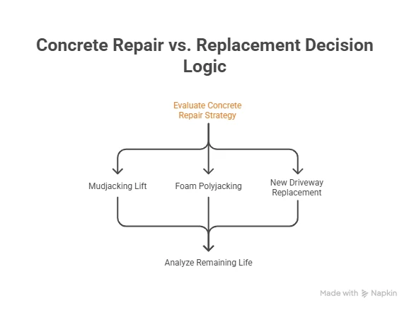 Diagram comparing mudjacking, foam polyjacking and full replacement, all leading to an assessment of remaining service life