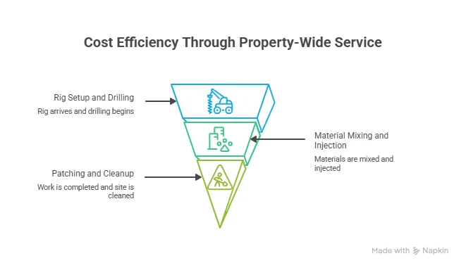Three stages of a concrete lifting visit: rig setup and drilling, material mixing and injection, patching and cleanup