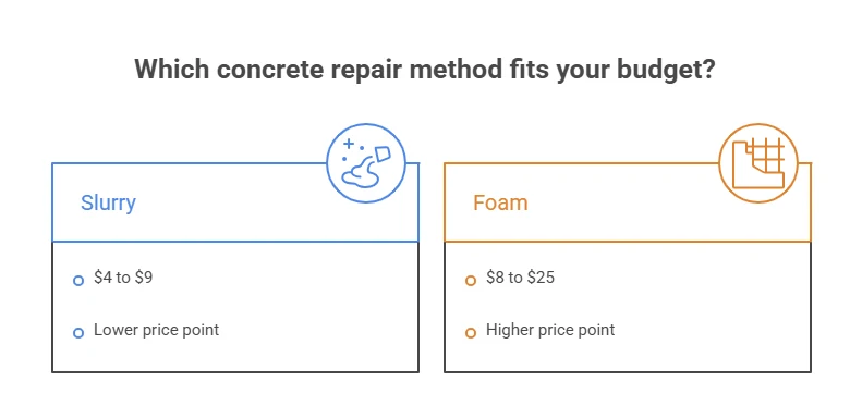 Concrete lifting cost per square foot: cement slurry at $4 to $9, polyurethane foam at $8 to $25